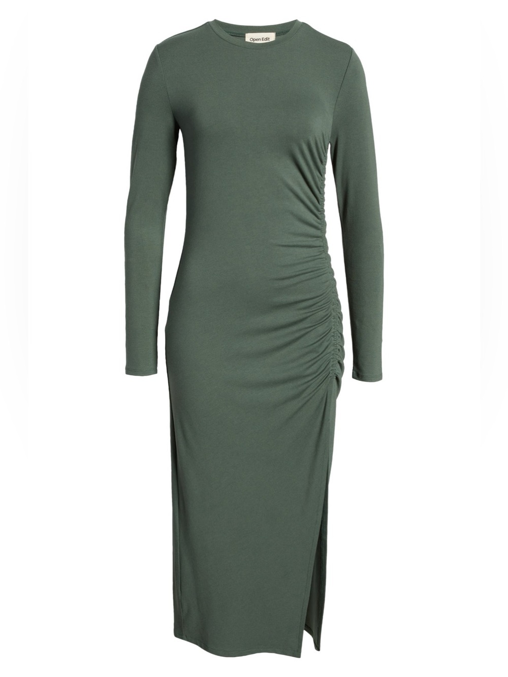 Open Edit BLACK Ruched Long Sleeve Midi Dress Size L Side Slit